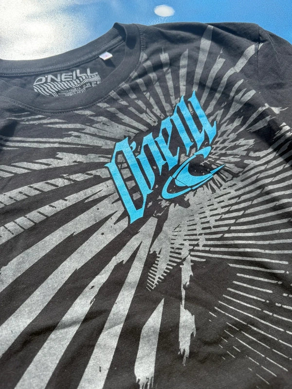 Y2K O'Neill Tee Black Blue Gothic Logo Sunburst Print
