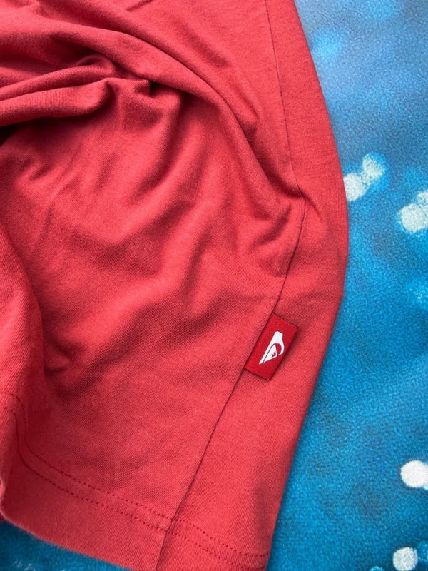 90s Quiksilver Red V-Neck Tee with Yellow Stitching XL