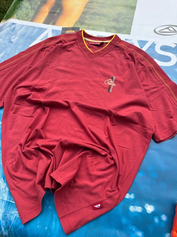 90s Quiksilver Red V-Neck Tee with Yellow Stitching XL