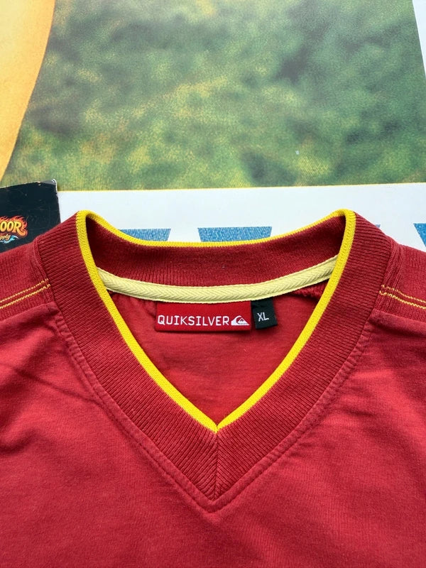 90s Quiksilver Red V-Neck Tee with Yellow Stitching XL