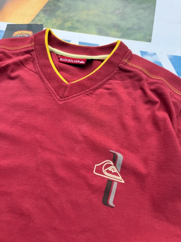 90s Quiksilver Red V-Neck Tee with Yellow Stitching XL